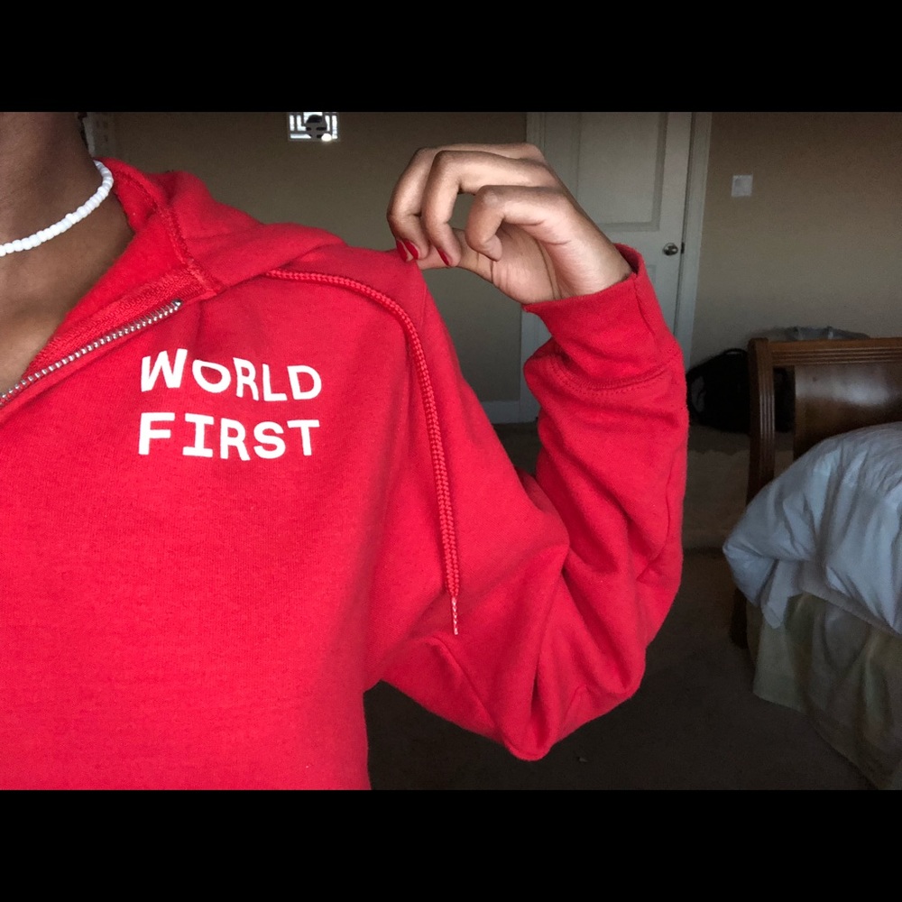 “world first” hoodie